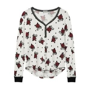 P.J. Salvage Womens Waffle Knit Henley Sleep Top Rose Tattoo Print Long Sleeve S